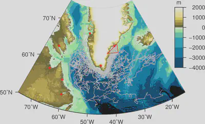 Drifters from the Global Drifter Program (prior to TERIFIC) showing where trajectories go when released from the continental shelf off southeast Greenland.